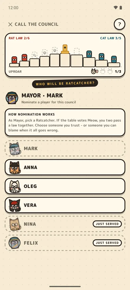 Service Rat vote screen · MEOW or HISS on the proposed council
